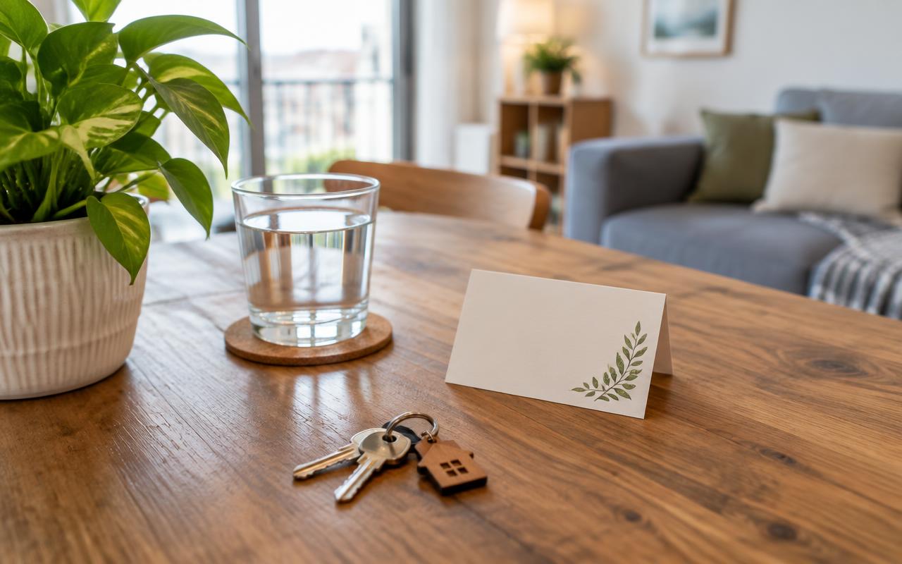 Clés et carte d'accueil posées sur une table dans un appartement