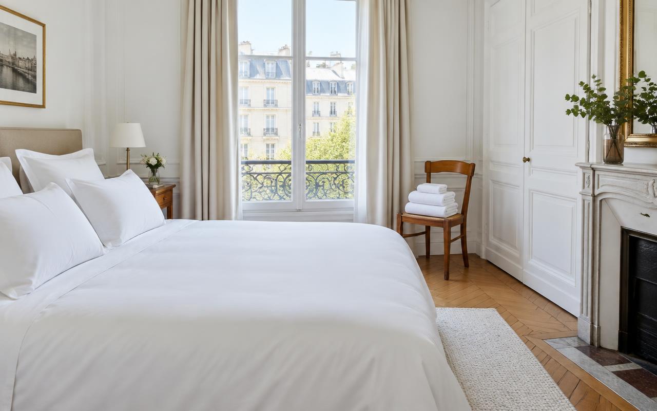 Lit refait avec du linge blanc et serviettes pliées