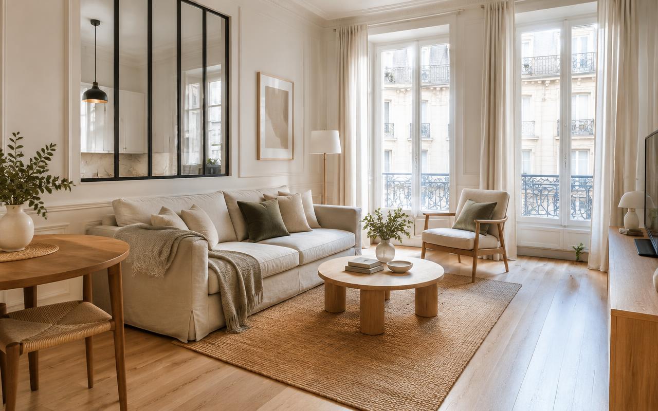 Séjour lumineux d'un appartement prêt pour la location courte durée
