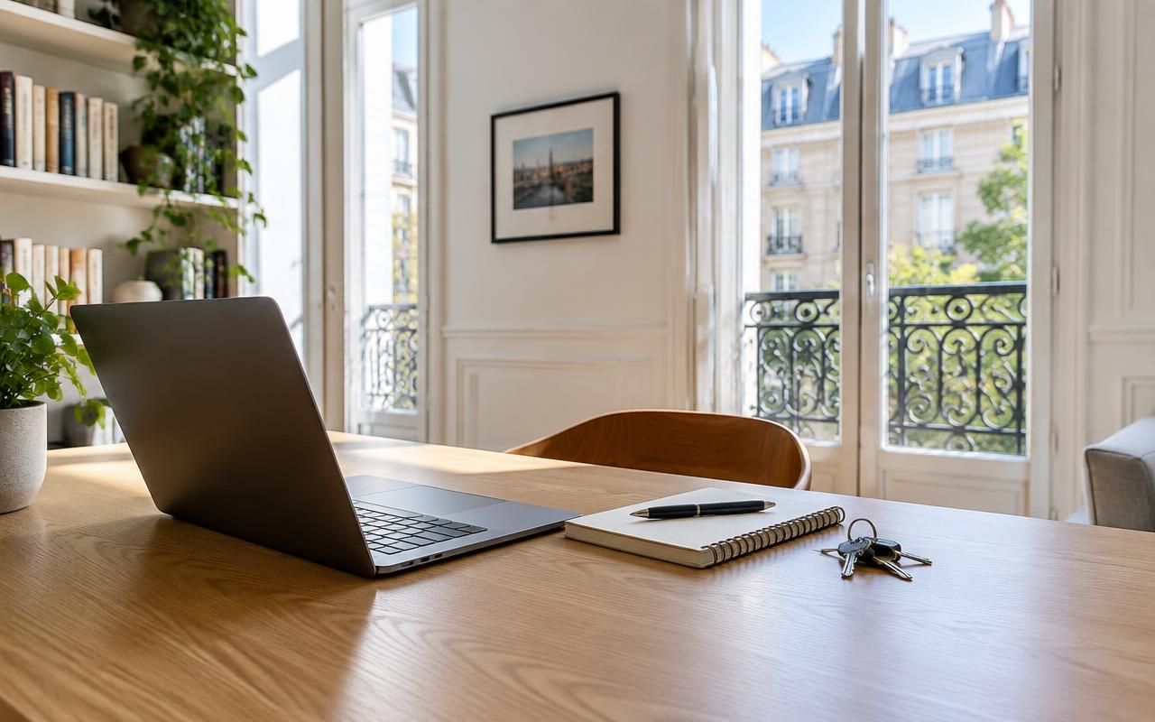 Bureau avec ordinateur portable, carnet et clés dans un appartement lumineux